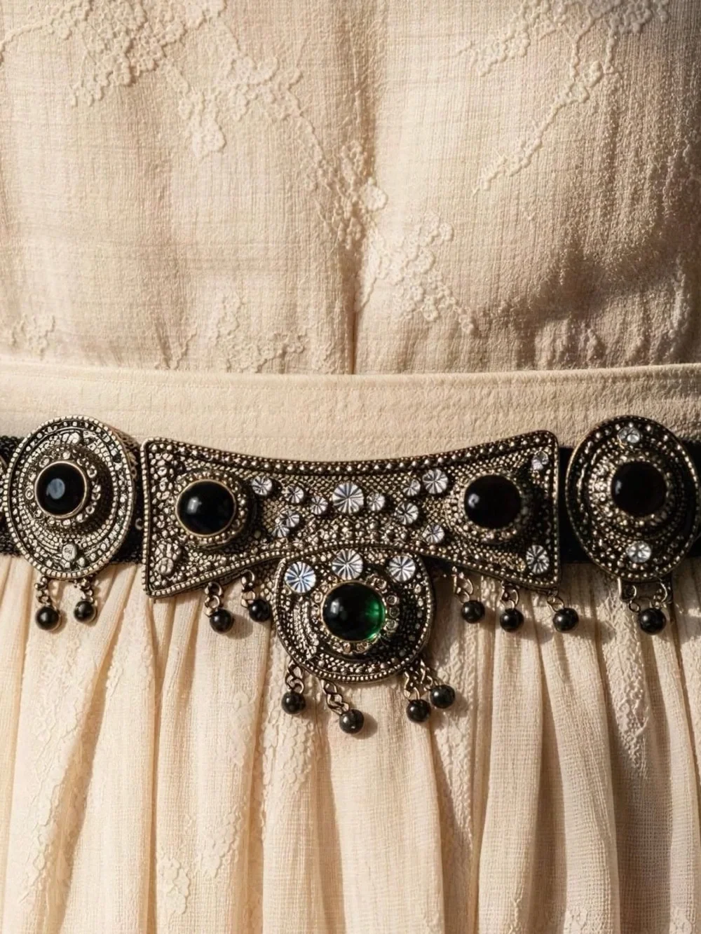 Vintage Boho/Western Black Cord‎ and Silver-Tone Decorative Belt